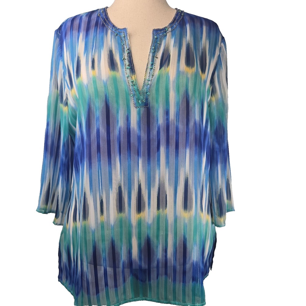 Chico's Size 3 Blue Ombre Sheer Beaded Neckline Kimono Sleeve Blouse (SHELL)